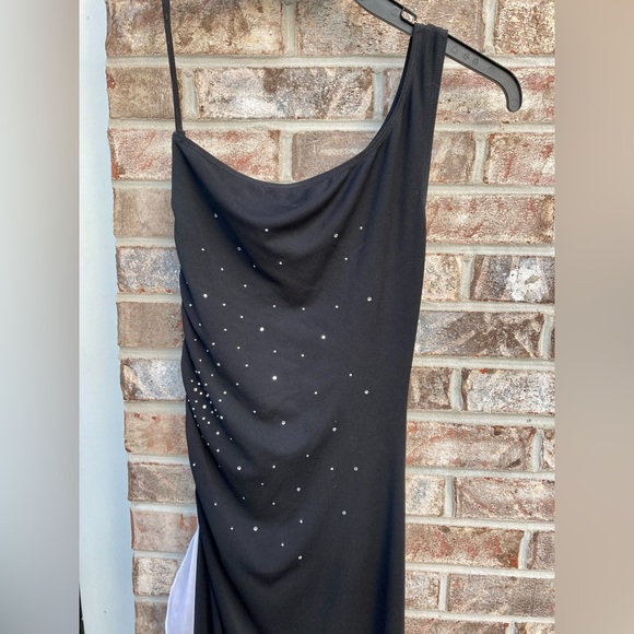 Y2K Black & White Ruffle Rhinestone Goth Prom Dress - Picture 8 of 10